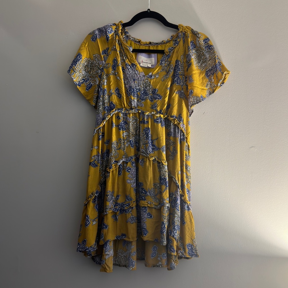 Anthropologie gold-yellow/blue floral-paisley print Mini Dress - Women’s Size XS
